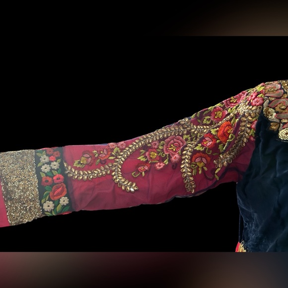 Raspberry Long Anarkali Dress with Floral Aari Embroidery and Velvet Bustier - Picture 3 of 12